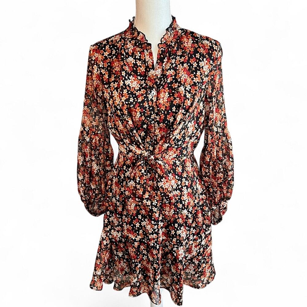 Aakaa floral long sleeve mini dress orange ruffle skirt boho feminine medium